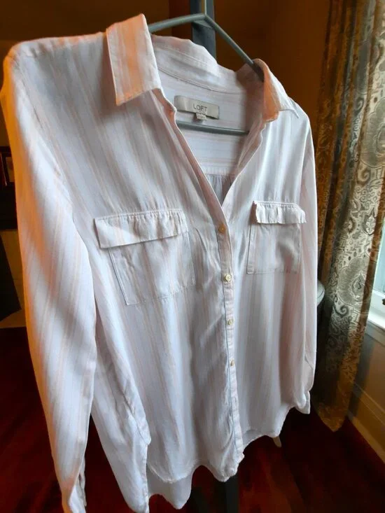 Loft long button down shirt, subtle shades of peach and white stripes - Picture 4 of 6